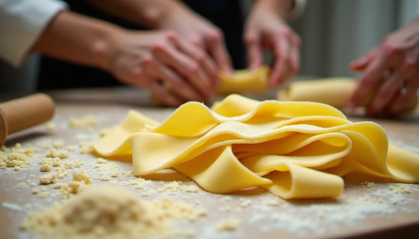 Élèves en formation cuisine italienne en France découpant des tagliatelles fraîches sur un plan de travail en bois fariné lors d'un atelier pratique