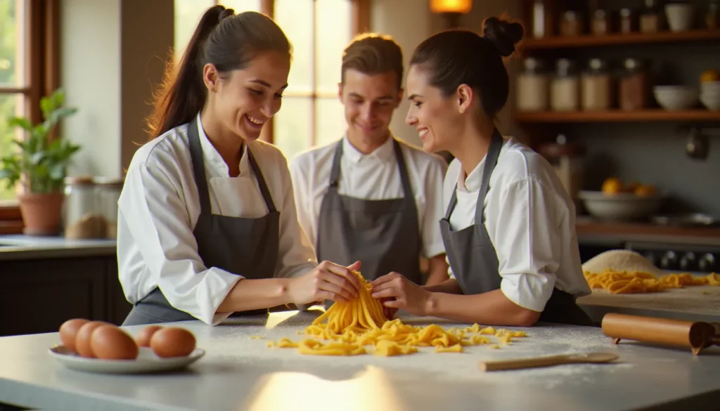formation cuisine italienne france featured Cours de formation cuisine italienne en France avec une cheffe italienne démontrant la fabrication de pâtes fraîches à des élèves attentifs dans une cuisine professionnelle lumineuse