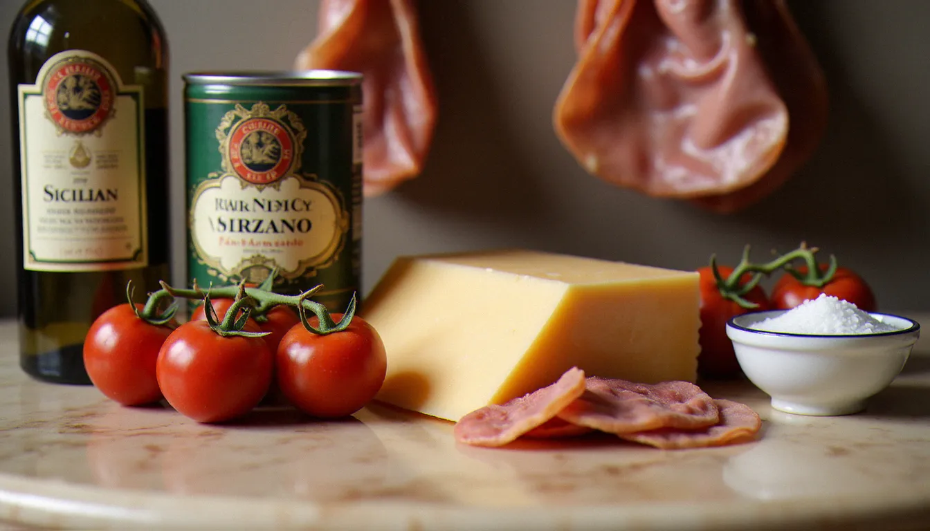 Ingrédients italiens certifiés DOP alignés sur du marbre — huile d'olive, tomates San Marzano, Parmigiano Reggiano et guanciale, piliers de la cuisine italienne de Francesco