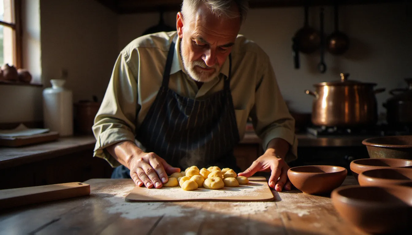 Artisan cuisinier italien formant des gnocchi à la main sur une planche farinée dans une cuisine de ferme piémontaise, illustrant la transmission familiale de la cuisine italienne