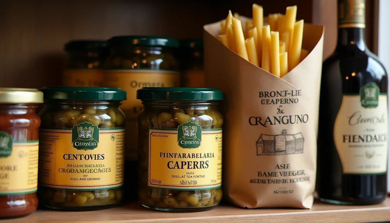 Rayon d'épicerie fine italienne dans une boutique spécialisée française avec anchois de Cetara, câpres de Pantelleria et pâtes artisanales de Gragnano
