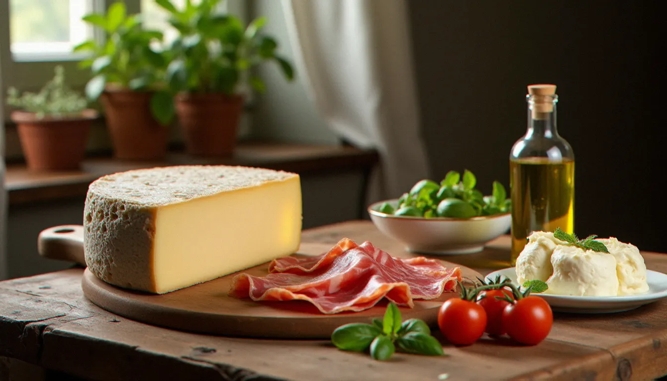 Sélection de produits emblématiques de la gastronomie italienne en France — parmigiano reggiano, prosciutto et burrata sur une table en bois dans une cuisine lyonnaise