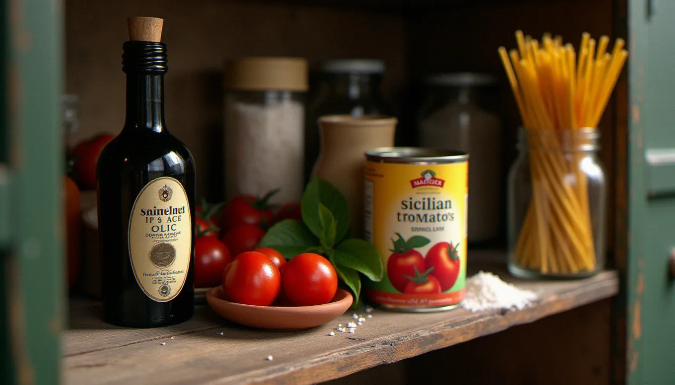Étagère de produits italiens authentiques : huile d'olive DOP, tomates San Marzano, pâtes bronze-filées et sel de Trapani, les ingrédients indispensables pour cuisiner italien