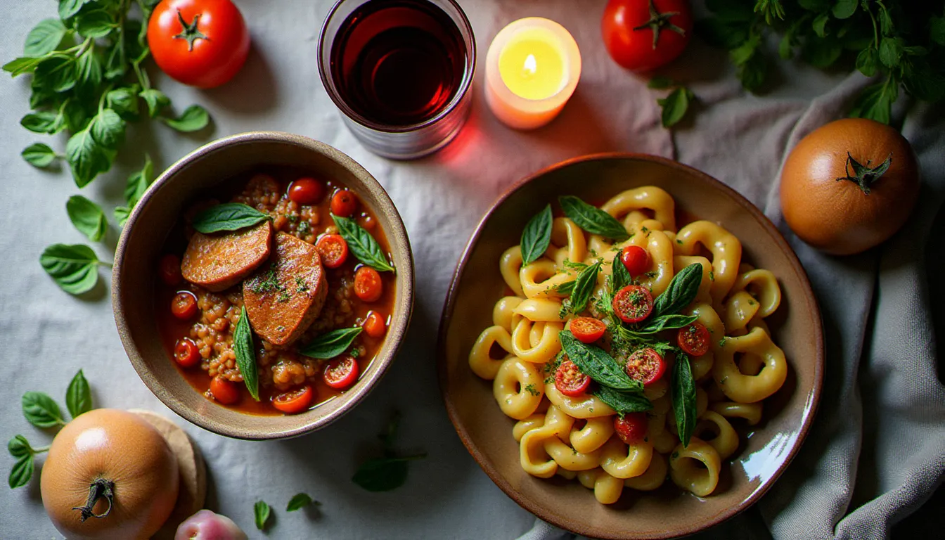 Repas régional italien avec orecchiette des Pouilles et vitello tonnato piémontais, illustrant la diversité des grandes familles régionales de la cuisine italienne