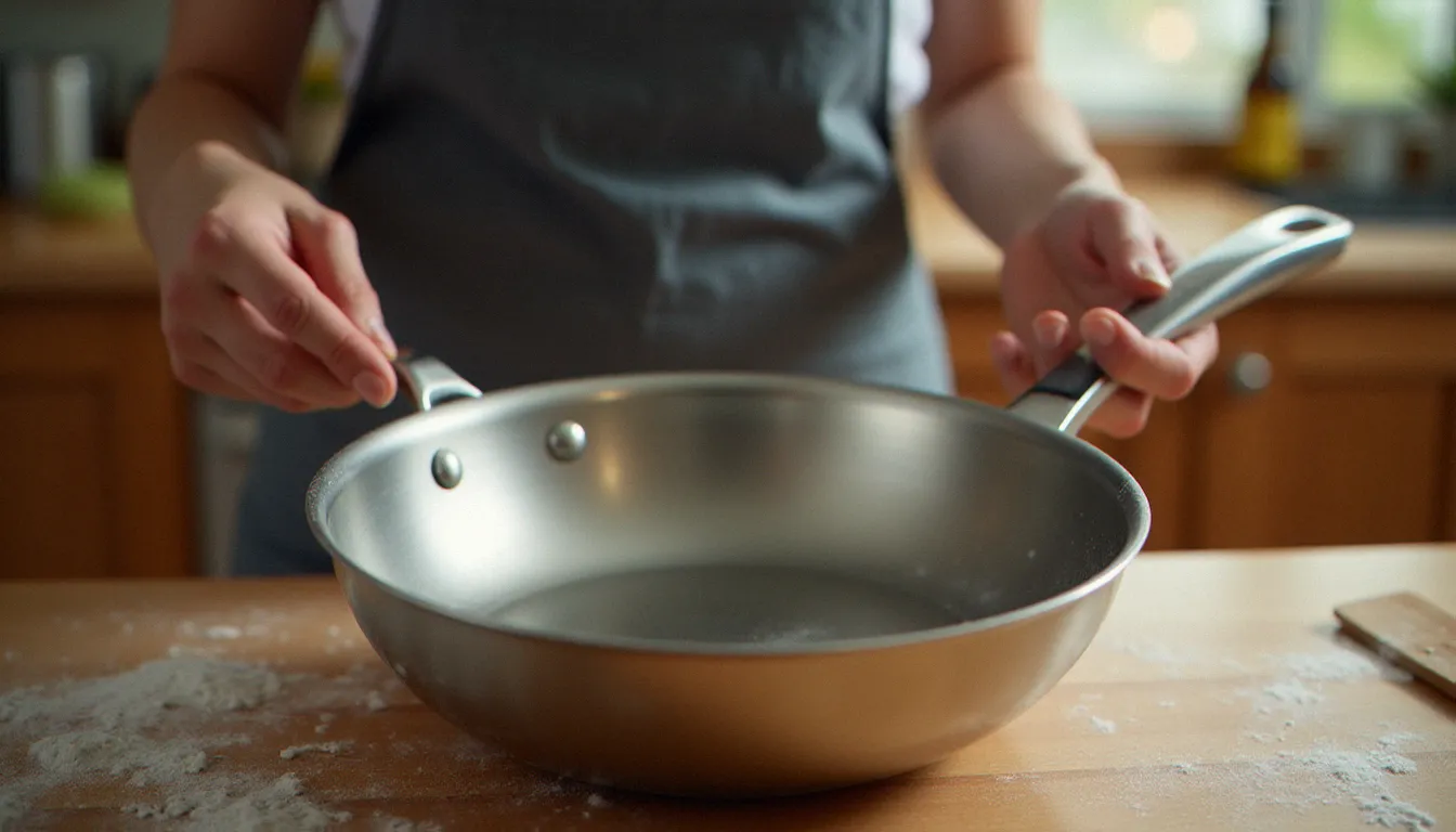 Mains féminines examinant le fond épais d'une sauteuse en inox de la gamme Tradizione d'Ital Cuisines, symbole de la qualité plébiscitée dans les avis clients