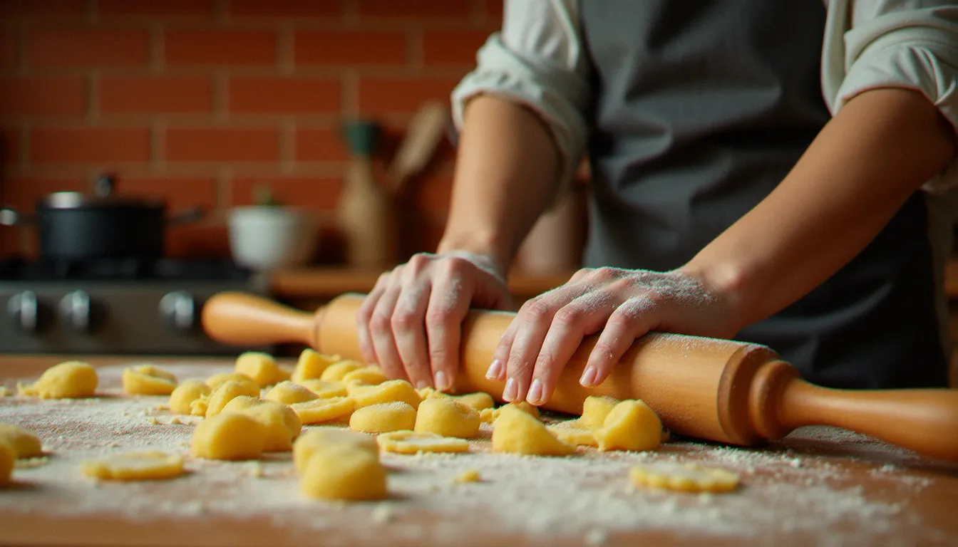 Femme préparant des gnocchi maison sur une planche à rainures en bois de hêtre dans une cuisine lyonnaise, ustensile de la gamme Tradizione d'Ital Cuisines utilisé au quotidien
