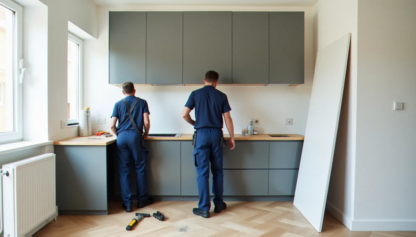 Pose d'une cuisine équipée par des monteurs professionnels dans un appartement moderne, illustration livraison et installation Ital Cuisines