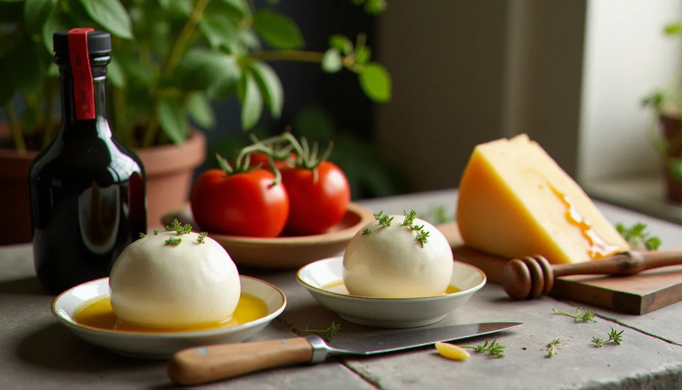 Produits italiens artisanaux certifiés DOP et AOP sur une table en pierre — huile d'olive sicilienne, mozzarella di bufala fraîche et tomates San Marzano