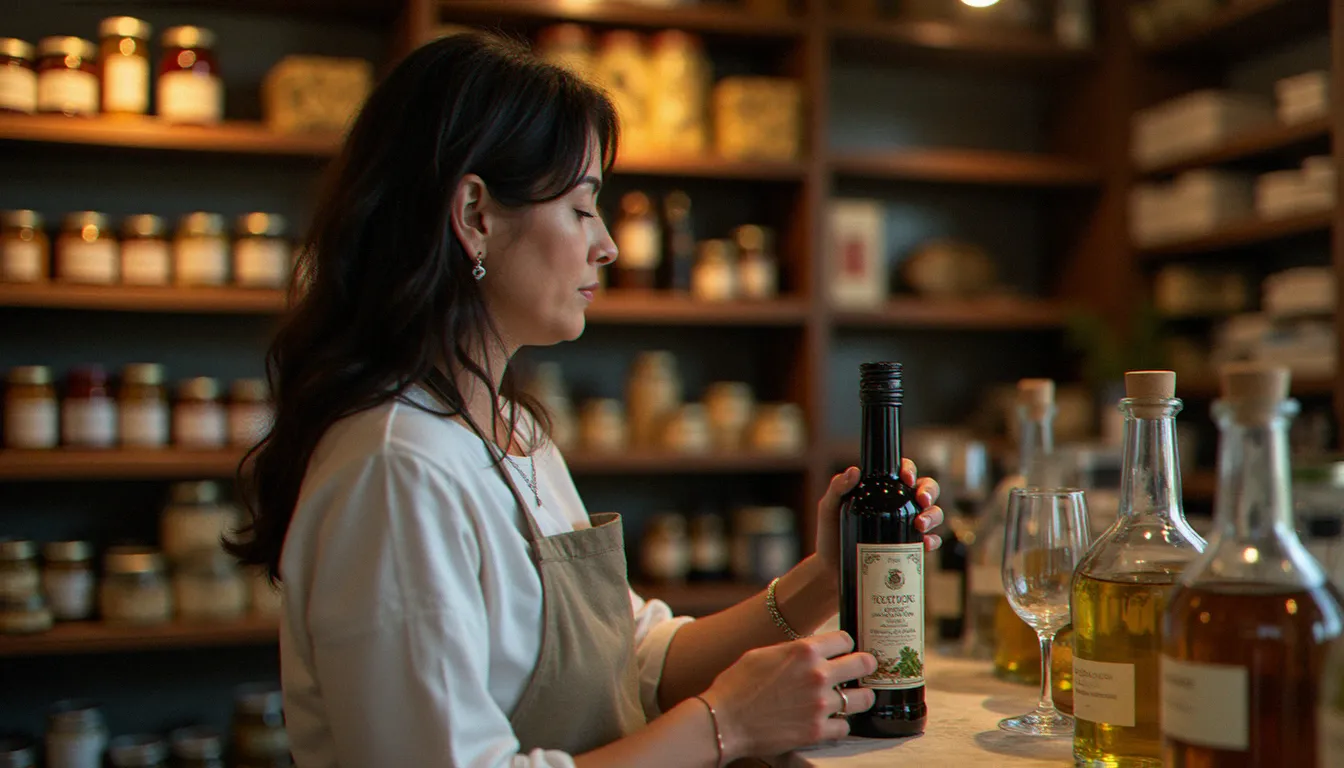 Femme experte en épicerie fine italienne vérifiant les certifications d'une huile d'olive toscane DOP dans une boutique lyonnaise spécialisée en gastronomie italienne