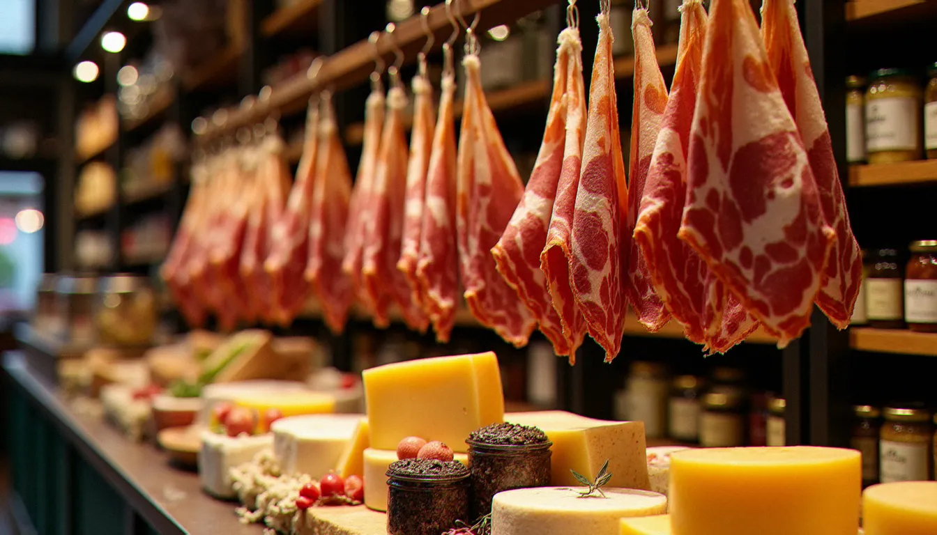 Comptoir d'épicerie fine italienne avec jambons Prosciutto di Parma suspendus et meules de Parmigiano Reggiano, symboles des produits AOP italiens les plus appréciés