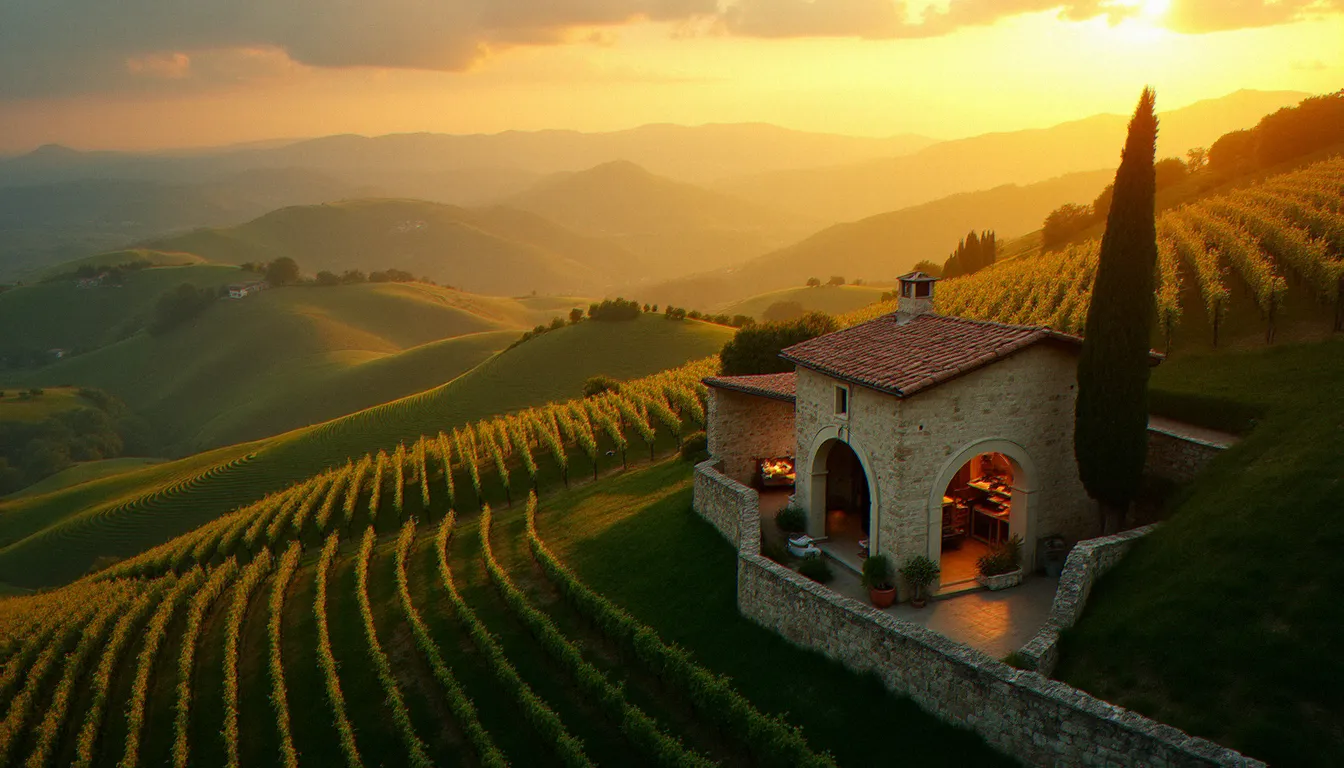 Vue aérienne des collines d'Émilie-Romagne au coucher de soleil avec vignobles et ferme artisanale, berceau des produits italiens les plus exportés et appréciés au monde
