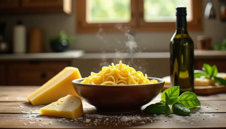 Table rustique italienne avec tagliatelle fraîches, Parmigiano Reggiano et huile d'olive extra vierge, illustrant pourquoi la cuisine italienne est plus appréciée dans le monde