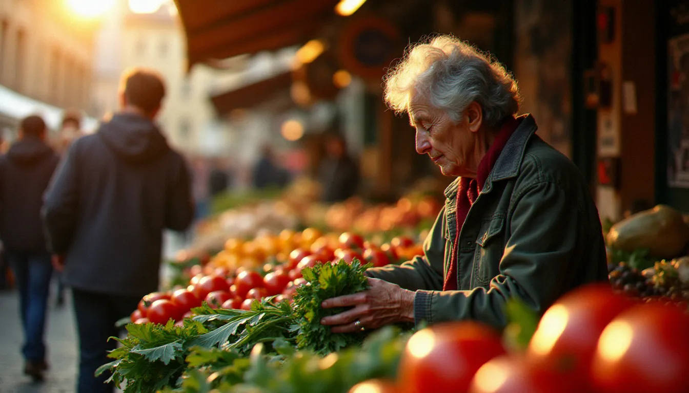 Marché florentin au coucher du soleil avec une femme choisissant des légumes frais pour préparer des recettes issues de livres de cuisine italienne traditionnels