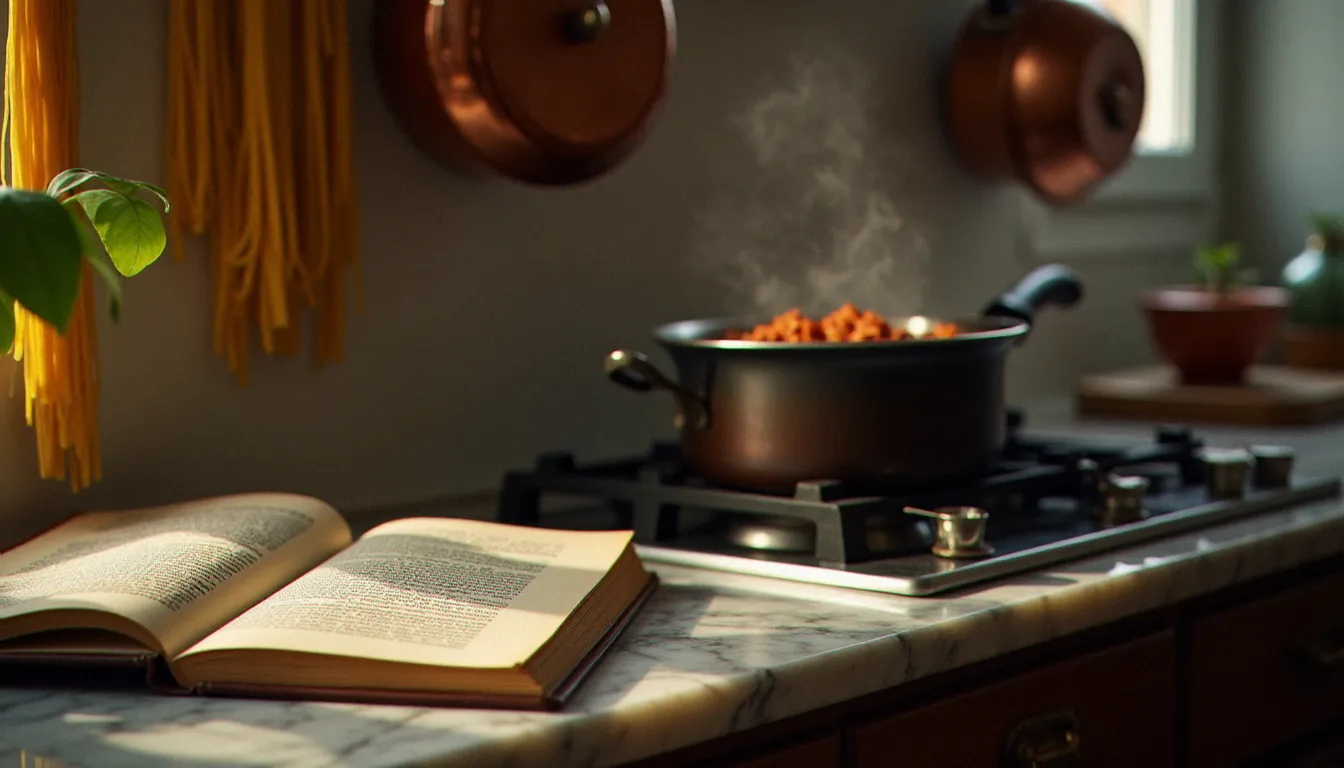 Cuisine italienne reconstituée dans un appartement lyonnais avec un livre de recettes ouvert, pâtes fraîches suspendues et ragù en cours de cuisson sur le feu