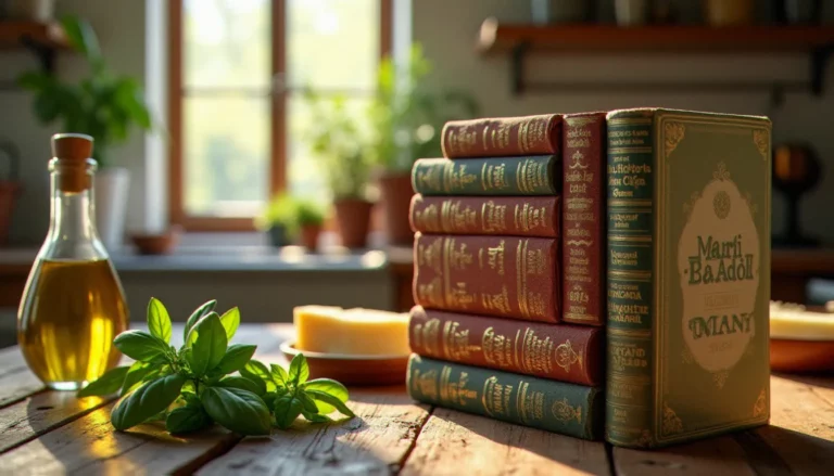 Sélection de livres de cuisine italienne posés sur une table en bois avec de l'huile d'olive et du basilic frais, évoquant les recommandations France Inter sur la gastronomie italienne