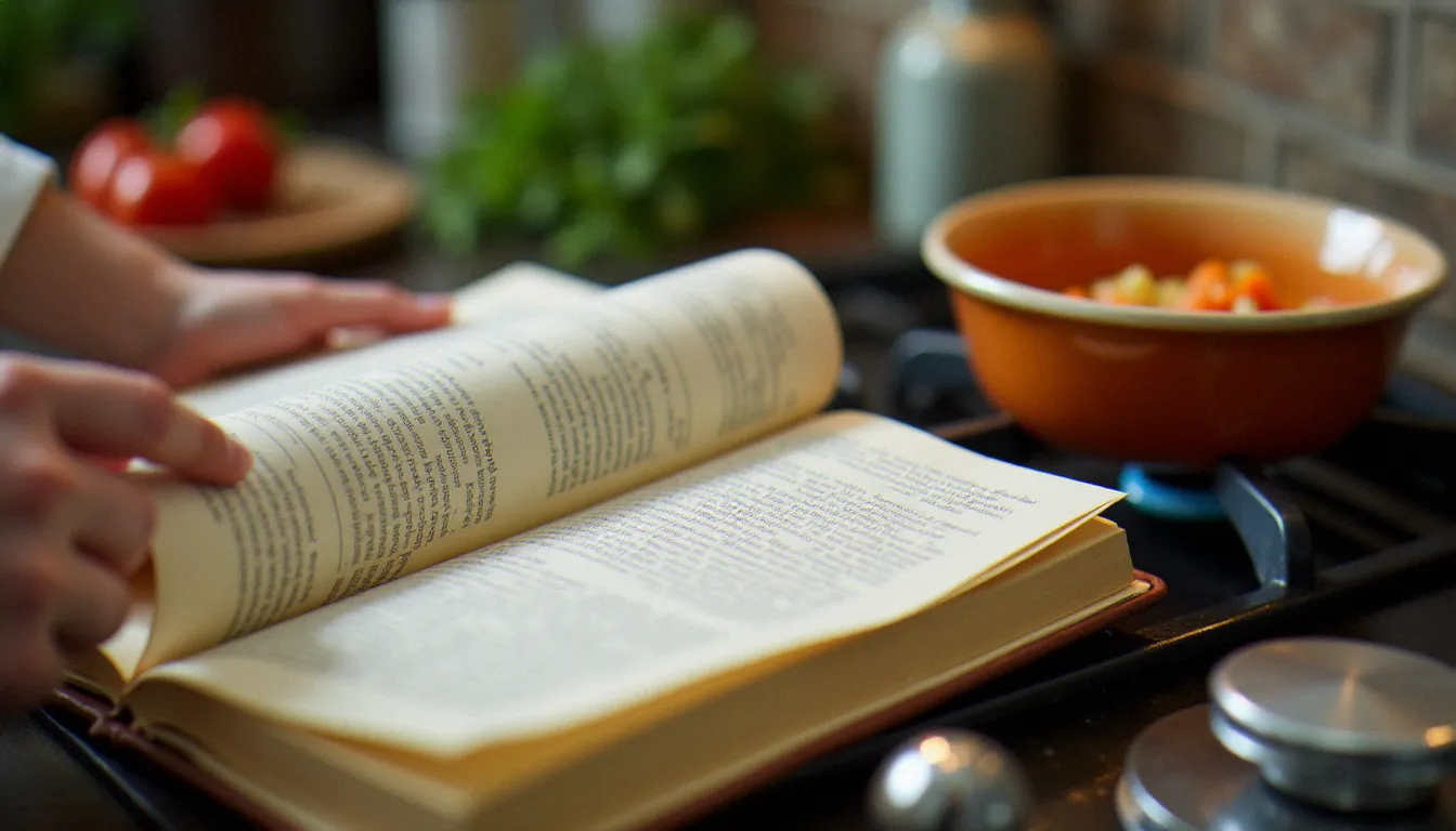 Des mains de cuisinière feuilletant un livre de cuisine italienne annoté, avec un soffritto qui mijote en arrière-plan sur un feu doux
