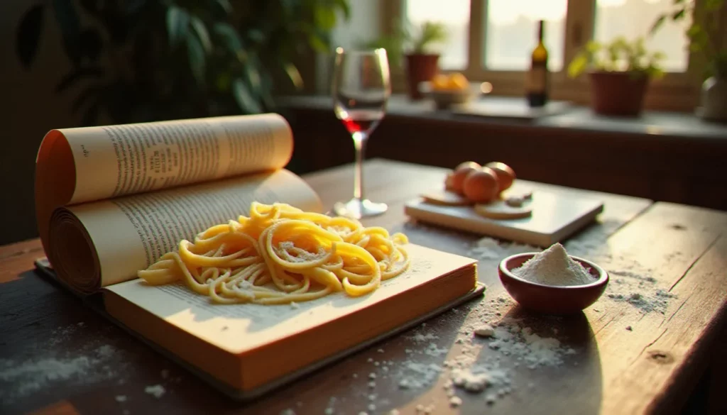livre cuisine italienne francesca featured Le livre cuisine italienne Francesca ouvert sur une table en bois avec de la pâte à tagliatelle fraîche, un verre de Barolo et de la farine 00 dans une lumière chaleureuse