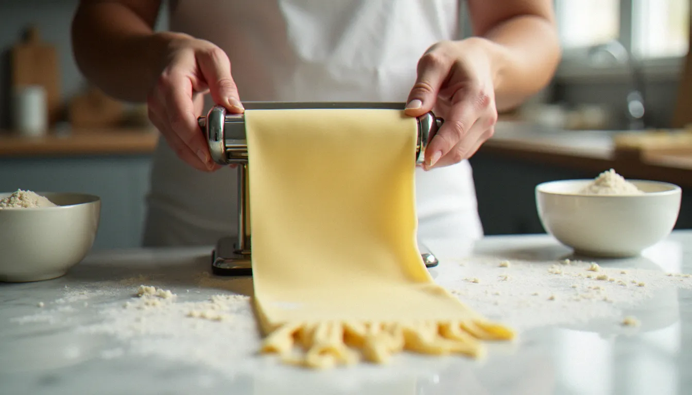 Pâte à pâtes sans gluten passée au laminoir manuel sur un plan de travail en marbre, avec farines alternatives en arrière-plan