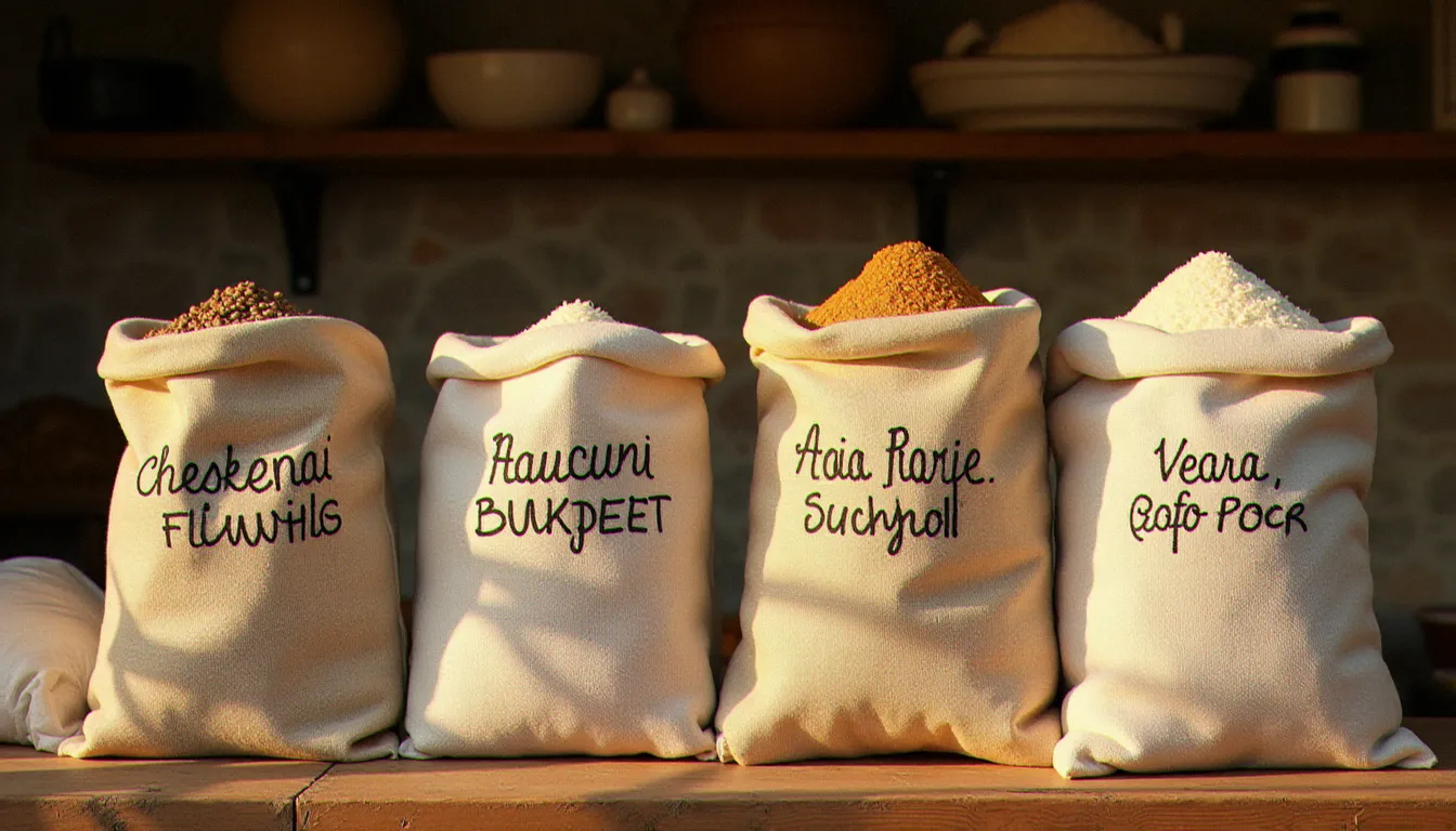 Étal de marché artisanal sicilien avec sacs de farines alternatives italiennes — châtaigne, pois chiche, sarrasin — dans une lumière matinale chaude