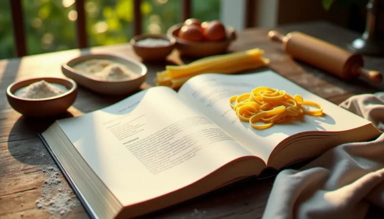 Livre de cuisine italienne sans gluten ouvert sur une table en bois rustique, entouré de farines alternatives et de pâtes fraîches maison
