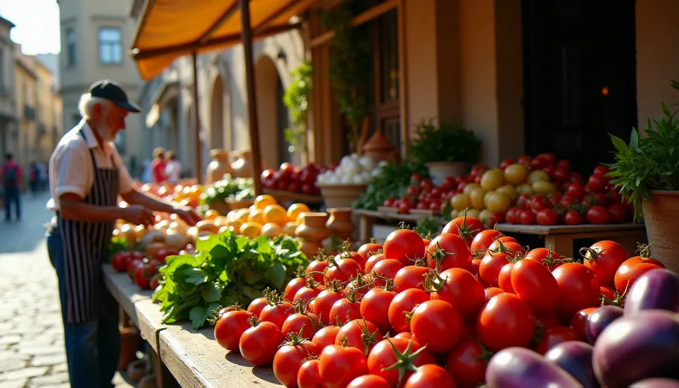 Marché sicilien traditionnel avec tomates San Marzano, aubergines fraîches et produits locaux illustrant la richesse des ingrédients de la cuisine italienne du Sud