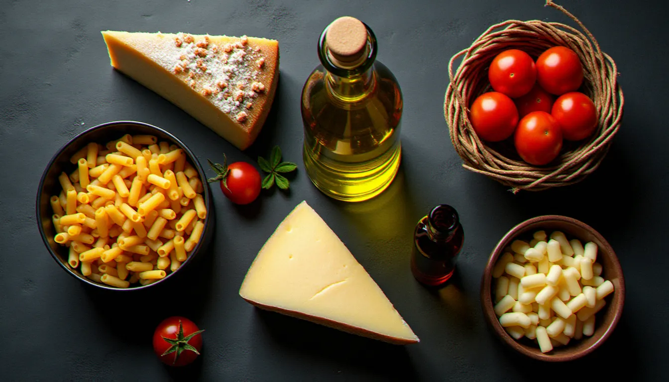 Produits d'épicerie fine italienne sur ardoise sombre : huile d'olive, Parmigiano Reggiano, pasta artisanale et conserves DOP, ingrédients essentiels pour réussir la meilleure cuisine italienne