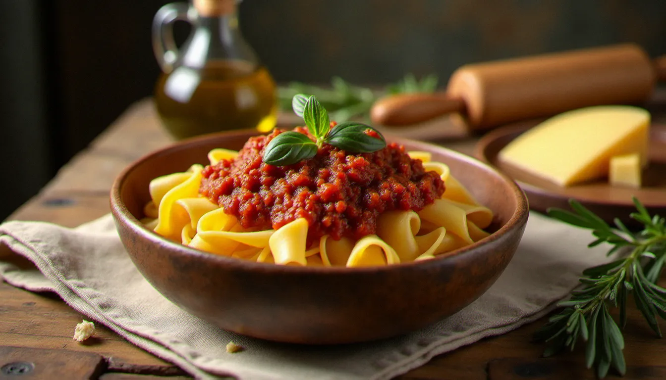 Bol de tagliatelles fraîches avec ragù bolognese sur table rustique italienne, emblème de la meilleure cuisine italienne