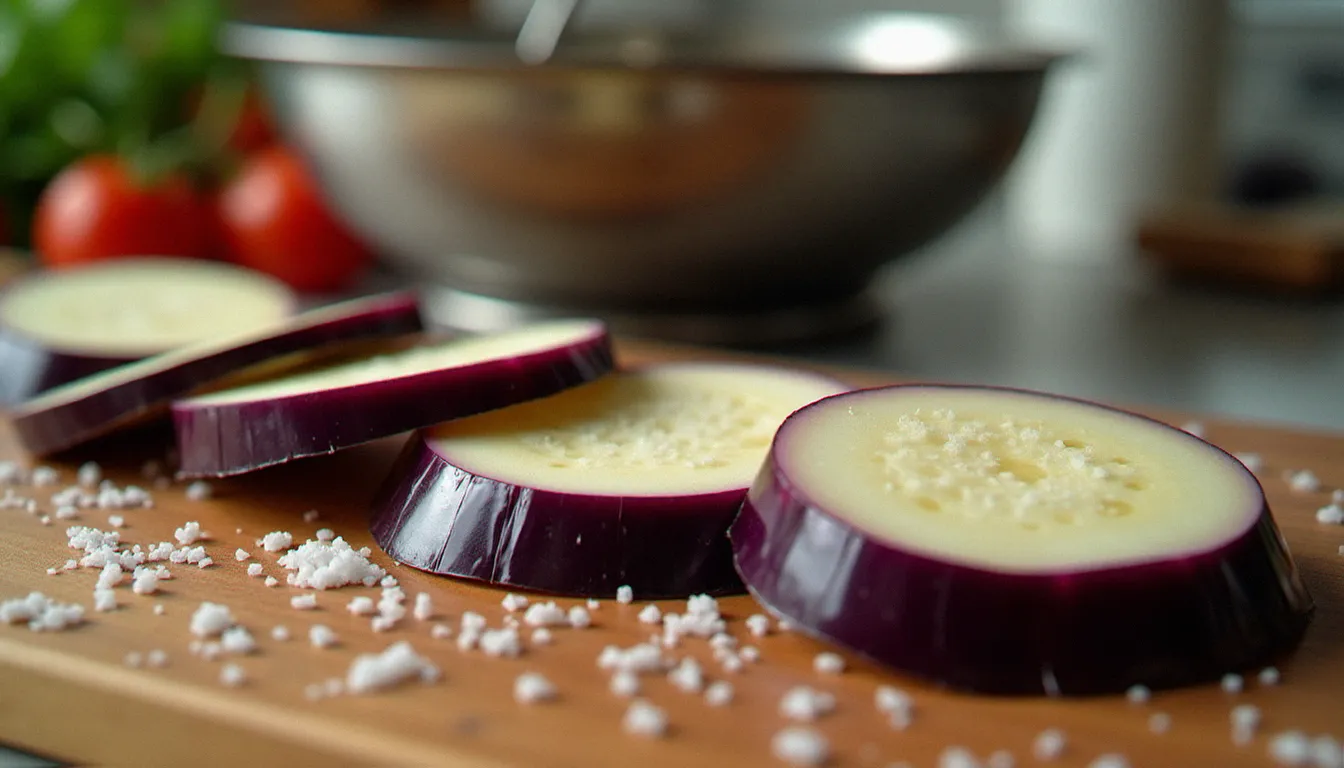 Tranches d'aubergines violettes salées sur une planche en bois pour dégorger, étape essentielle de la préparation des recettes italiennes aux aubergines