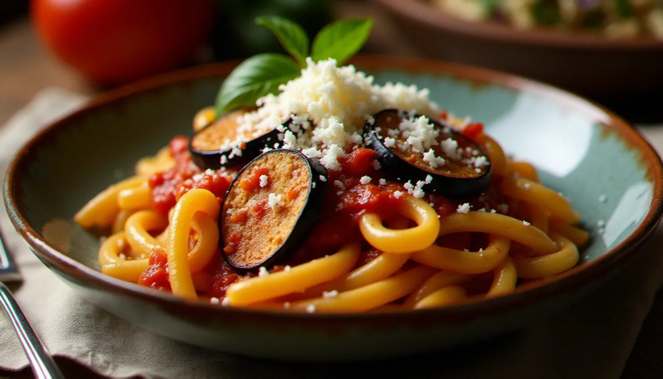 Bol de pasta alla Norma avec rigatoni, aubergines frites et ricotta salata râpée, plat sicilien emblématique de la cuisine italienne avec aubergines