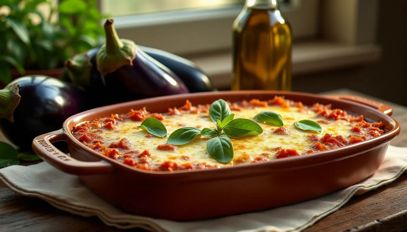Parmigiana di melanzane dorée et gratinée dans un plat en terre cuite, recette de cuisine italienne avec aubergines, basilic frais et huile d'olive sur une table rustique