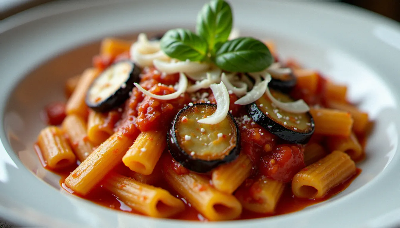Assiette de pasta alla norma sicilienne avec rigatoni, aubergines frites, sauce tomate et copeaux de ricotta salée râpée, servi dans un bol blanc sur fond de table en bois clair
