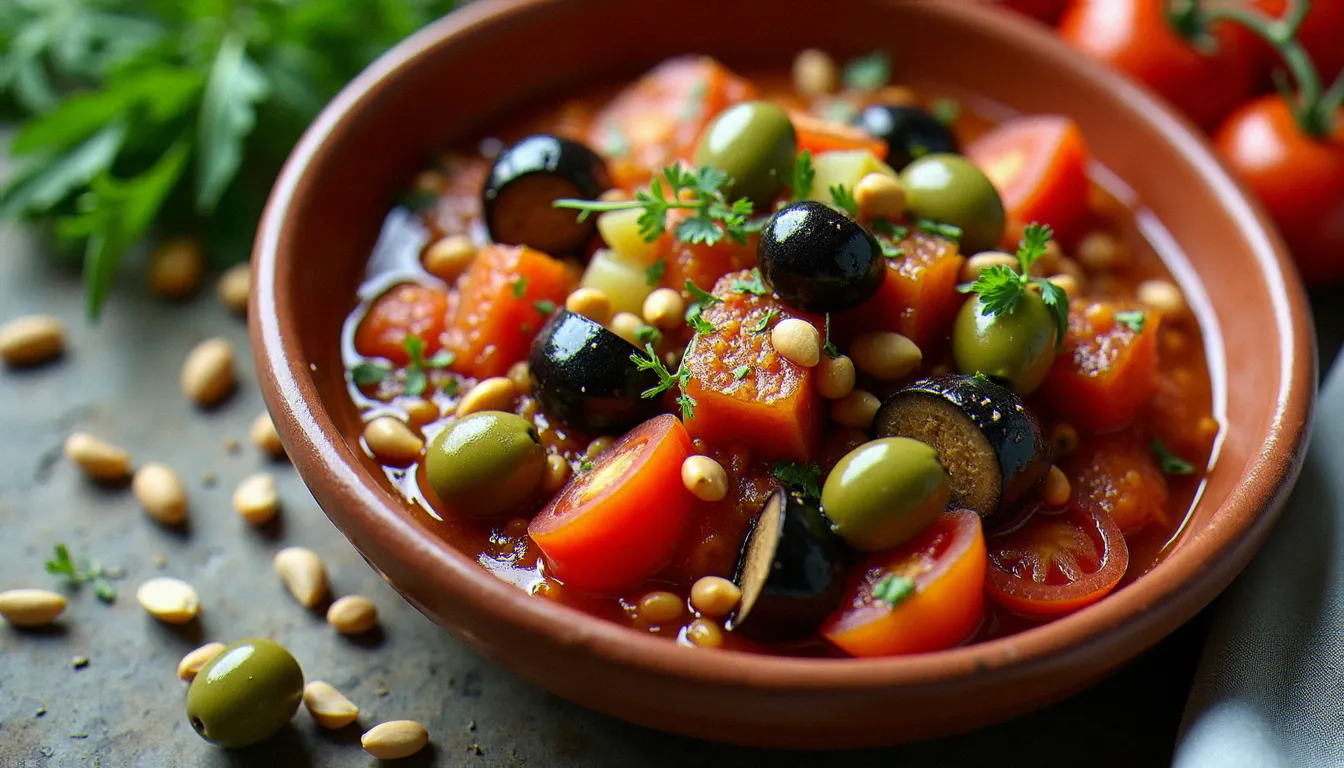 Bol en terre cuite rempli de caponata sicilienne avec des morceaux d'aubergines frites, céleri, olives vertes et câpres dans une sauce tomate aigre-douce brillante, photographié sur une surface en pierre rustique