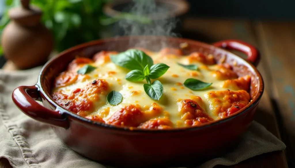 Plat de parmigiana di melanzane gratiné au four, avec couches d'aubergines, sauce tomate et fromage fondu, servi dans un plat en céramique rustique — recette italienne avec aubergine par excellence