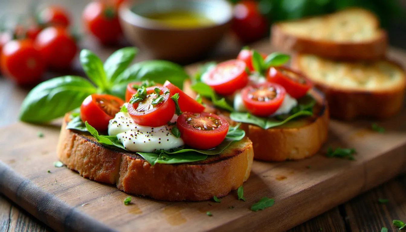 Bruschetta italienne garnie de burrata et tomates confites sur une planche en bois, recette simple et authentique des Pouilles