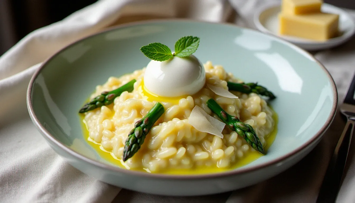 Risotto crémeux aux asperges vertes surmonté d'une burrata fondante dans un bol en céramique, recette italienne avec burrata servie à la lyonnaise