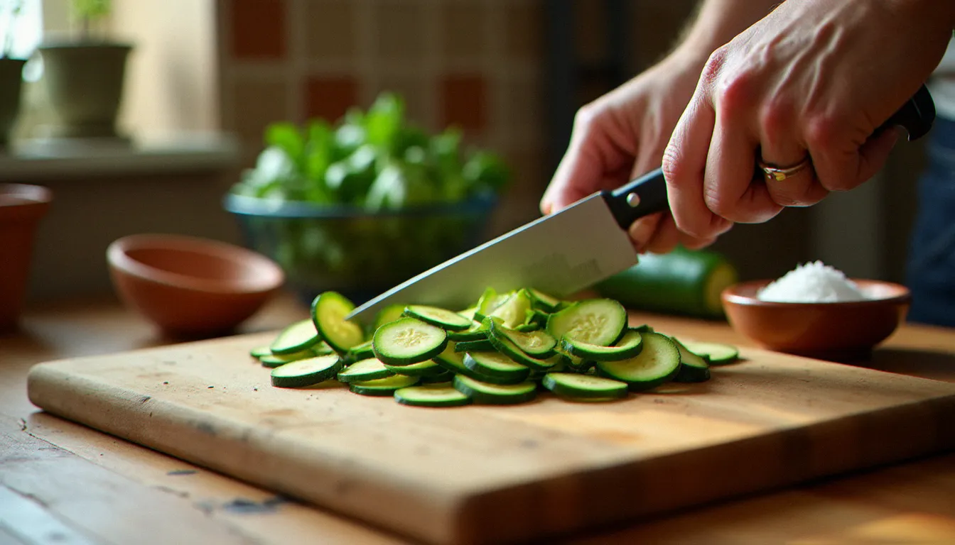Découpe de petites courgettes italiennes en rondelles fines sur une planche en bois, geste de préparation pour une recette italienne authentique