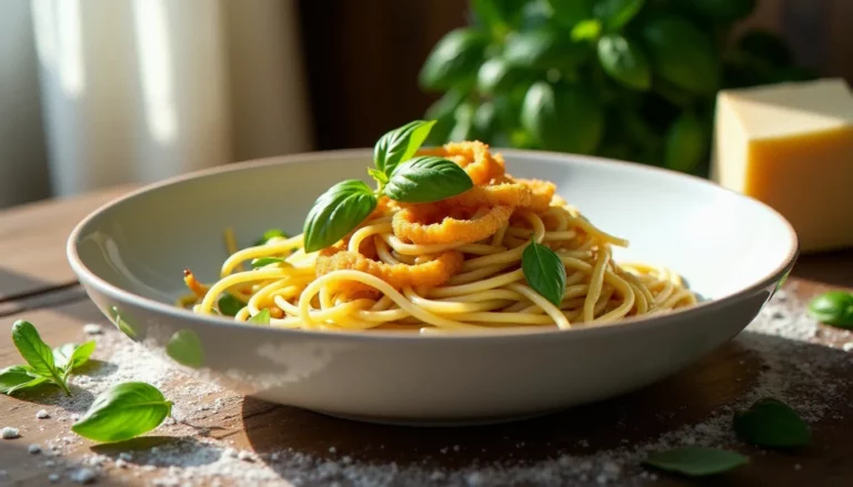 Bol de spaghetti alla Nerano avec courgettes frites dorées et basilic frais, recette italienne avec courgette emblématique de Campanie