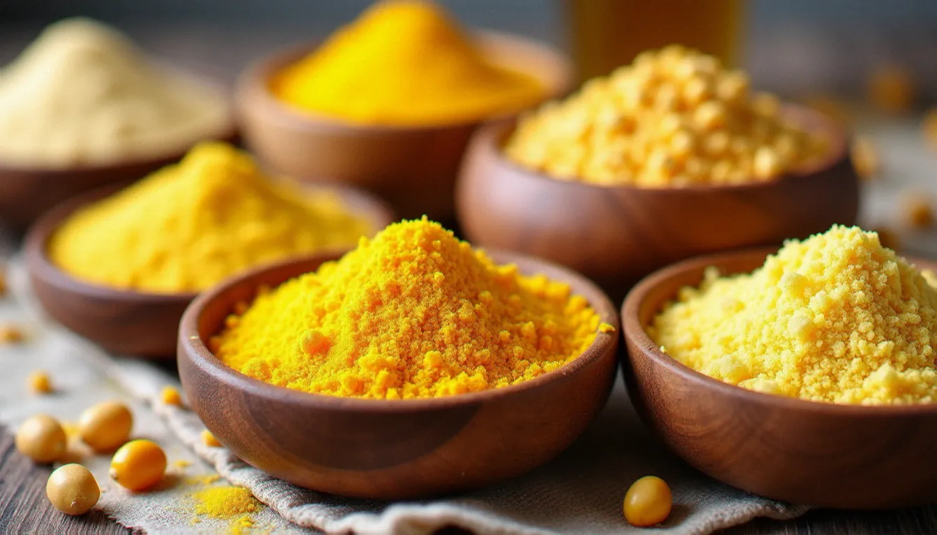 Différentes farines de maïs pour polenta disposées dans des bols en bois — fioretto fine et bramata grossière — sur un tissu de lin rustique
