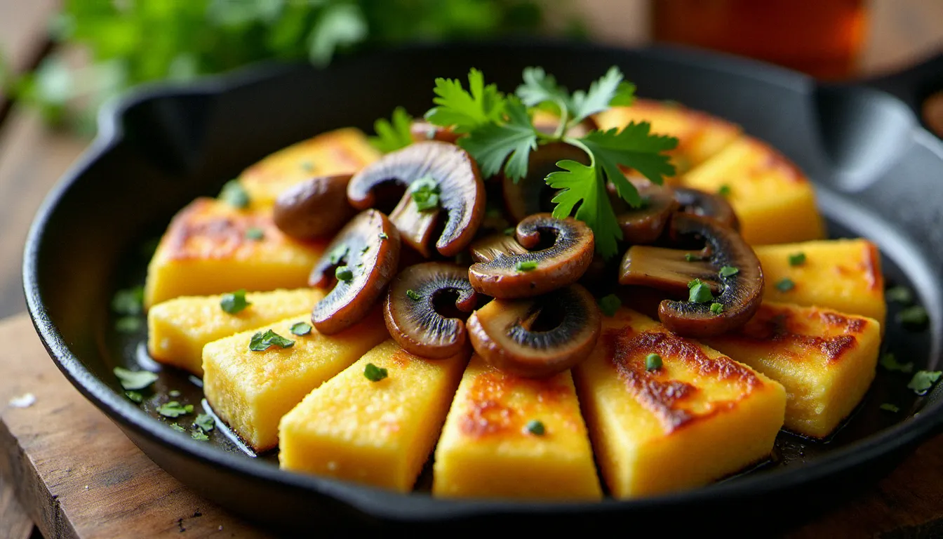 Tranches de polenta grillée à la surface dorée et croustillante garnies de champignons porcini sautés et de persil frais, dans une poêle en fonte sur table en bois