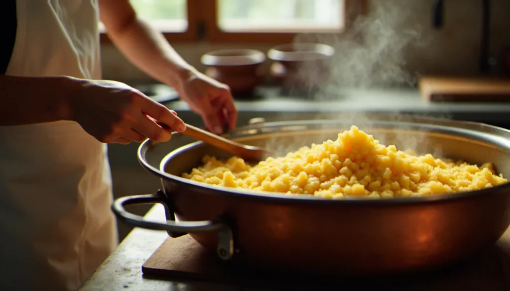 Grande casserole en cuivre contenant une polenta dorée et crémeuse brassée à la cuillère en bois, scène de cuisine italienne traditionnelle illustrant une recette italienne avec de la polenta