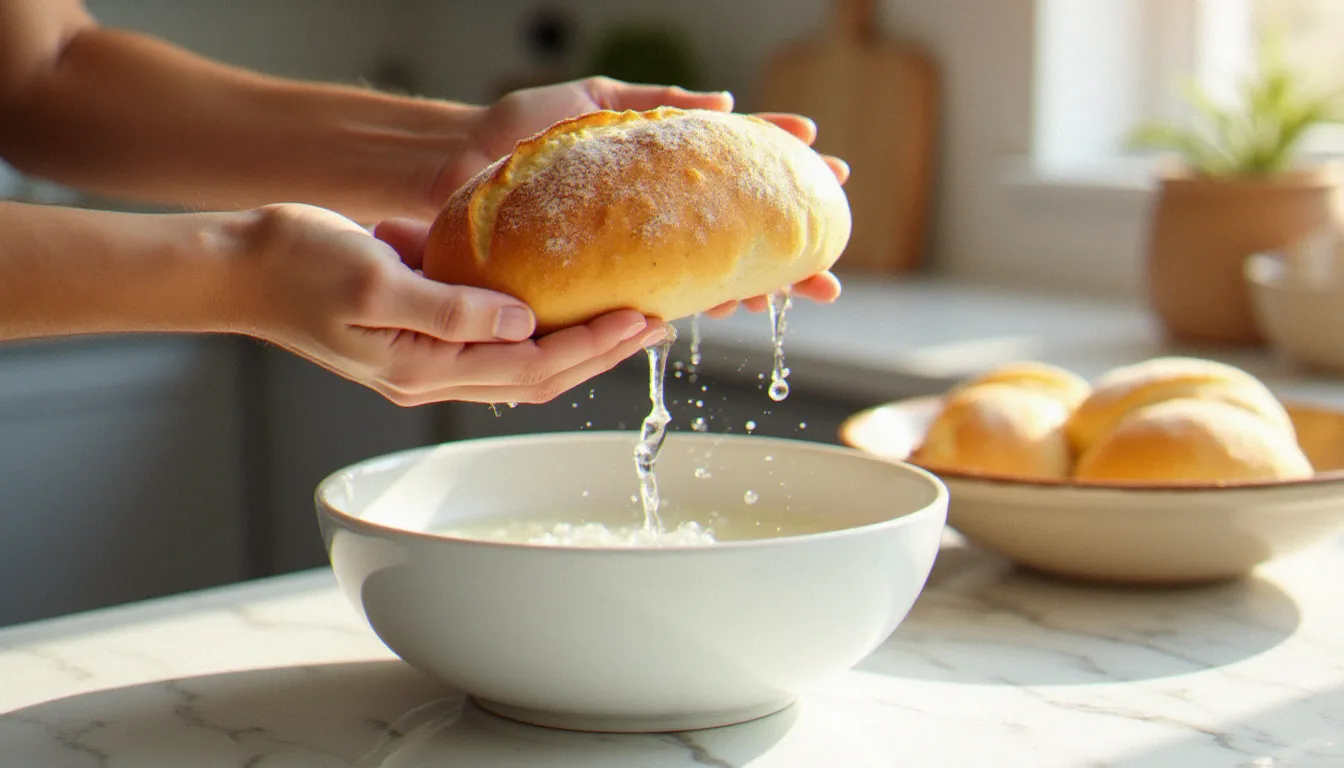 Mains qui pressent du pain trempé pour retirer l'excès d'eau, étape clé d'une recette italienne avec du pain comme la panzanella