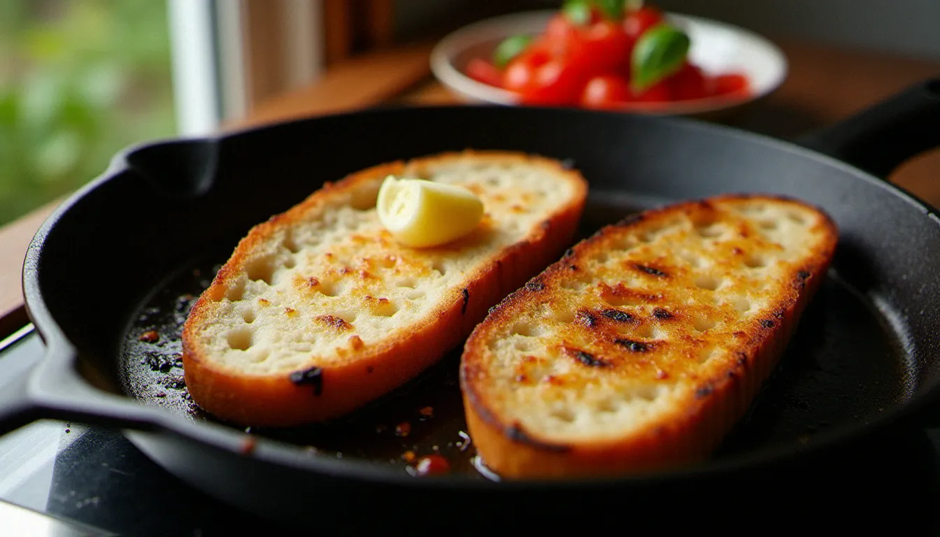 Tranches de pain de campagne grillées sur plancha en fonte pour bruschetta, frottées à l'ail frais avec des tomates concassées prêtes à être déposées