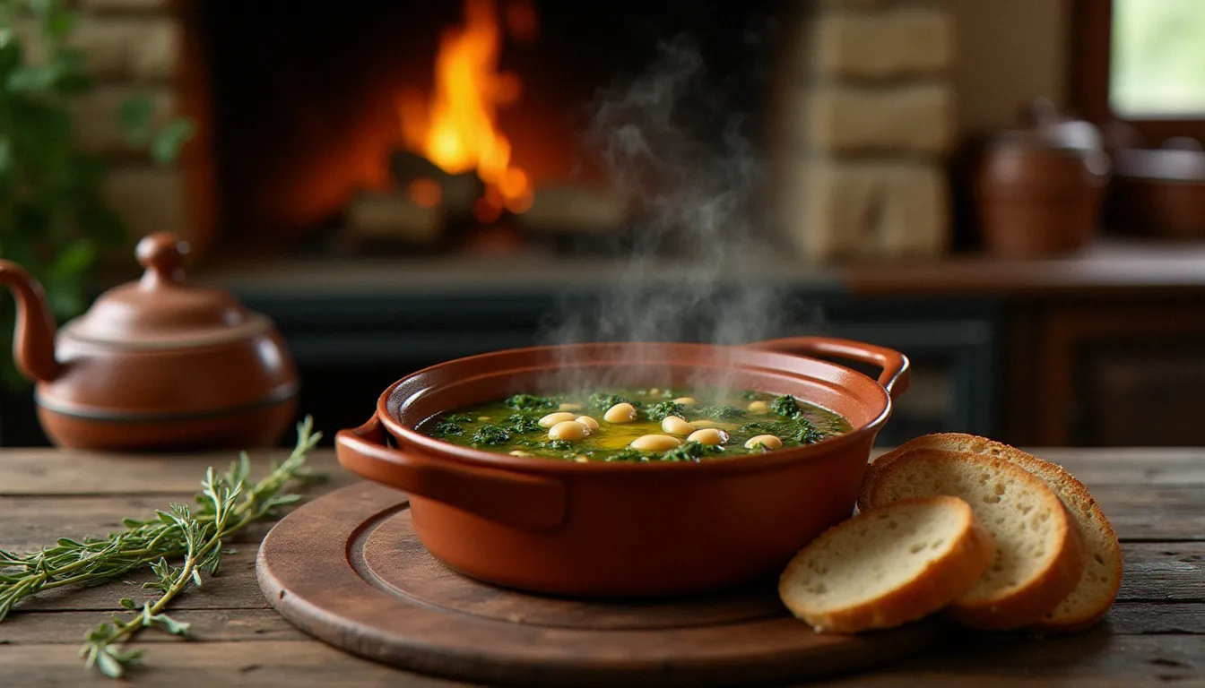 Pot fumant de ribollita toscane posé sur une table paysanne, soupe italienne épaisse au pain rassis, chou noir et haricots cannellini