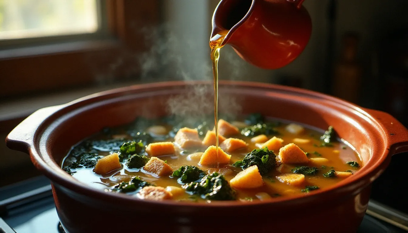 Ribollita florentine mijotant dans un pot en terre cuite avec du cavolo nero, haricots borlotti et pain toscan rassis, arrosée d'huile d'olive extra-vierge