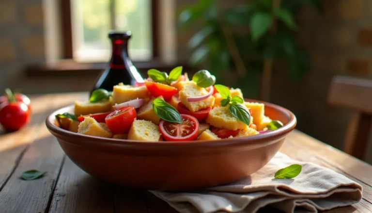 Grande saladière de panzanella, recette italienne avec du pain toscan, tomates fraîches et basilic posée sur une table de ferme en bois