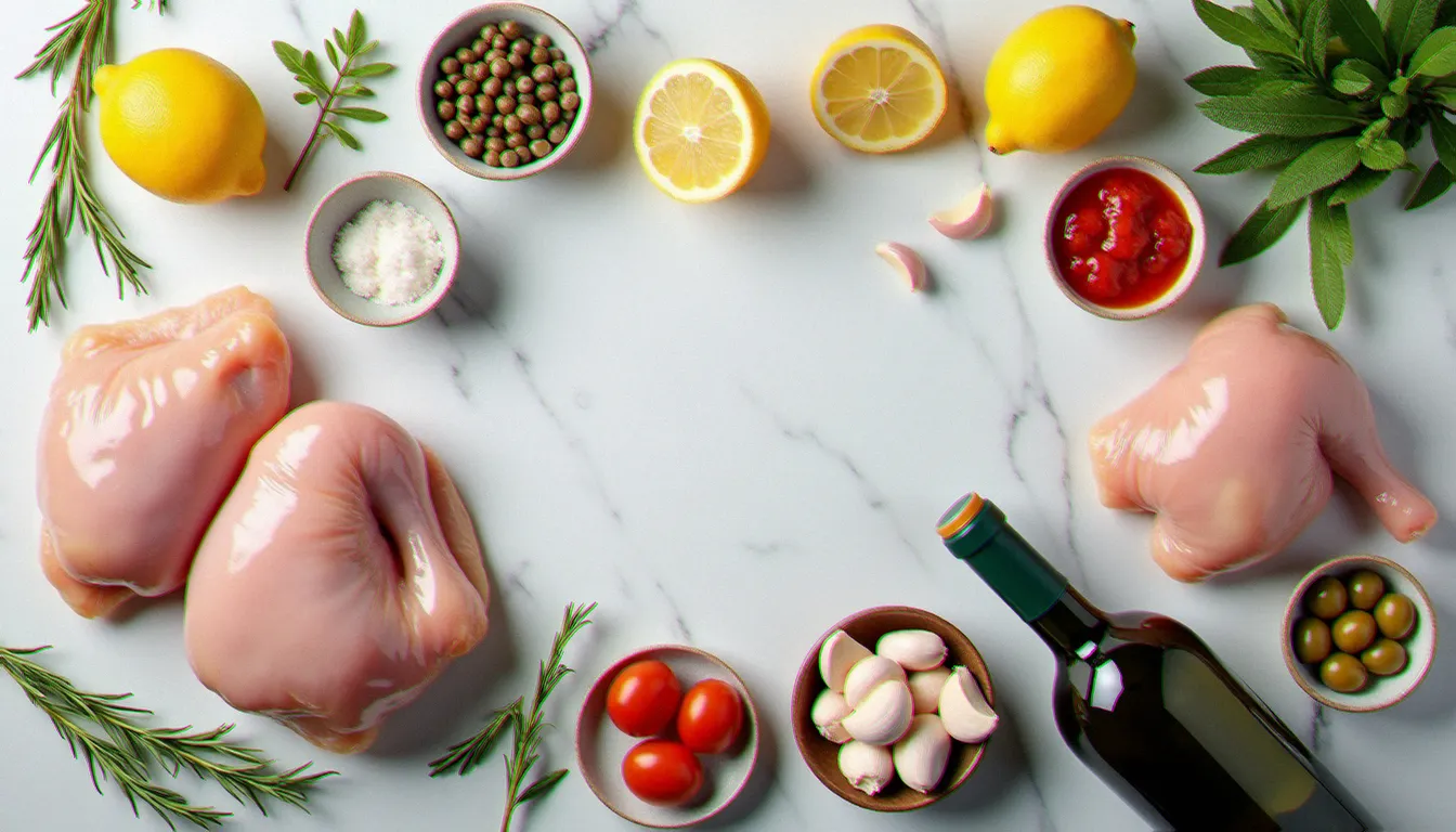 Vue du dessus des ingrédients d'une recette italienne avec du poulet : morceaux de poulet cru, citrons, câpres, romarin, ail et tomates San Marzano disposés sur marbre