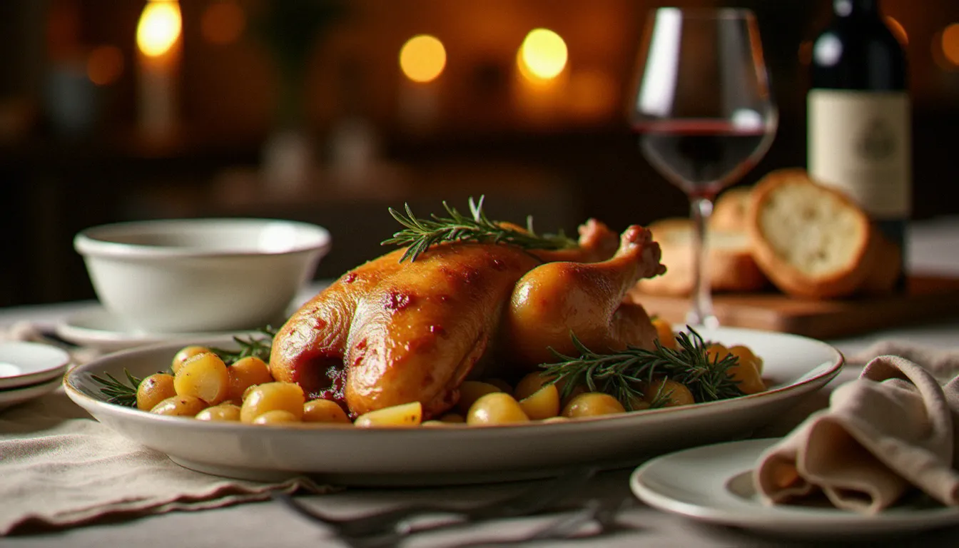 Table italienne du soir avec un poulet rôti au romarin et à l'ail sur plat en céramique blanche, pommes de terre dorées et carafe de Chianti, ambiance chaleureuse à la bougie