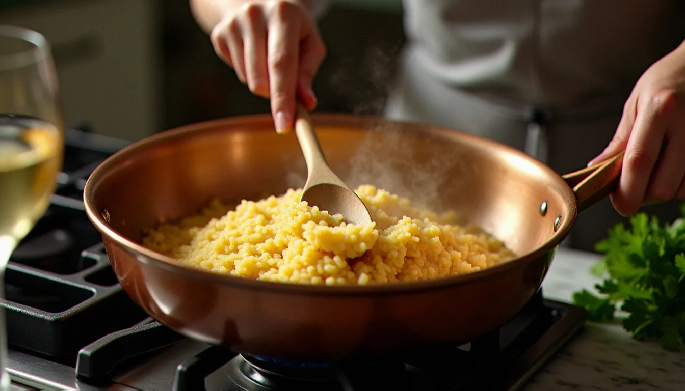Mains féminines remuant délicatement un risotto en cuisson dans une sauteuse en cuivre sur feu vif, cuisine italienne traditionnelle baignée de lumière chaude