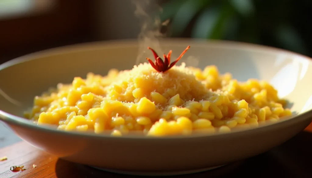 Bol de risotto alla milanese safrané et crémeux sur table en chêne ancienne, recette italienne avec du riz au beurre et parmesan, lumière naturelle de fin d'après-midi