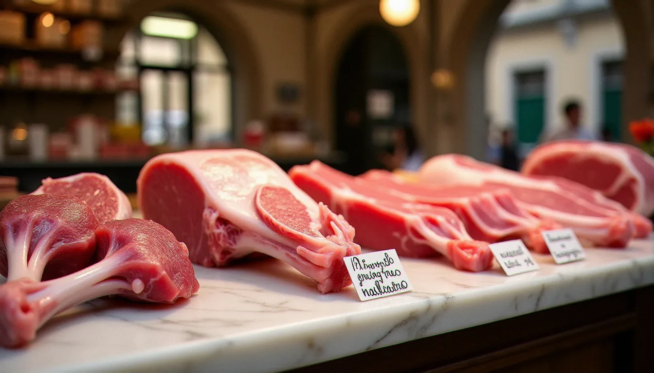 Différents morceaux de veau présentés sur un comptoir en marbre chez un boucher italien — jarret, escalope et noix pour recettes italiennes